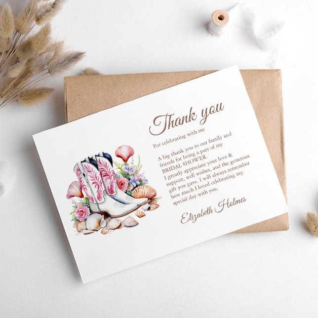 Boho Coastal Cowgirl Boots Brautparty Dankeskarte (Boho Coastal Cowgirl Boots Bridal Shower Thank You Card on a white table with boho decor.)