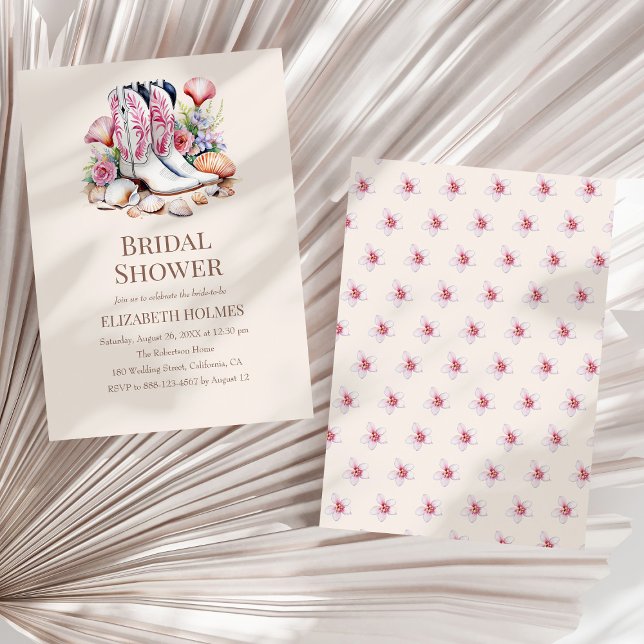 Boho Coastal Cowgirl Bridal Dusche Einladung (Boho Coastal Cowgirl Bridal Shower Invitation on a white dry palm leaf.)