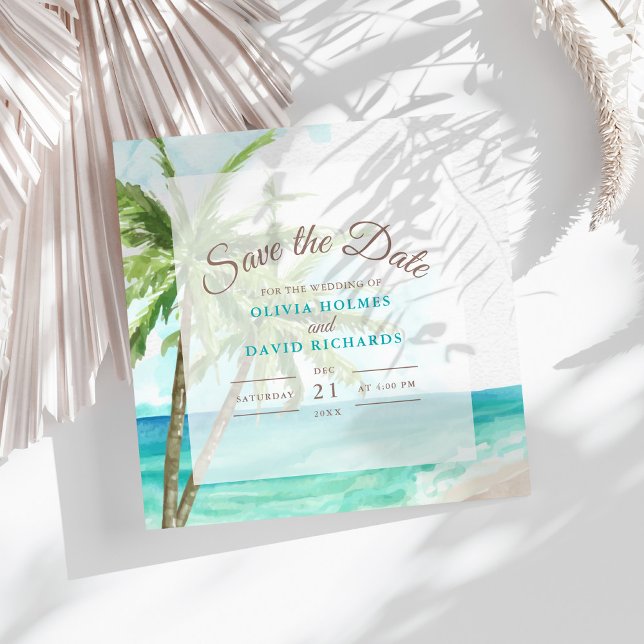 Boho Coastal Seaside Beach Hochzeit Save the Date (Boho Coastal Seaside Beach Wedding Save the Date on a sunny table with dry palm leaf.)