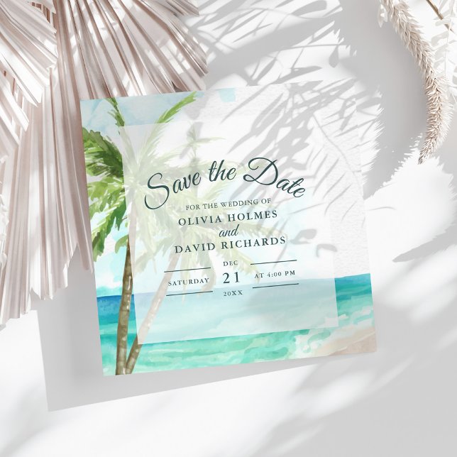 Boho Coastal Seaside Beach Hochzeit Save the Date (Boho Coastal Seaside Beach Wedding Save the Date on sunny white table with dry palm leaf.)