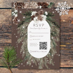 Boho Cocoa Pine Winter Sparkle QR-Code RSVP Karte