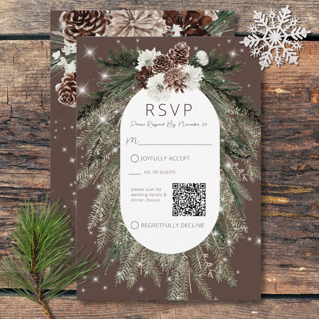 Boho Cocoa Pine Winter Sparkle QR-Code RSVP Karte (Boho Cocoa Pine Winter Sparkle QR Code RSVP Card)