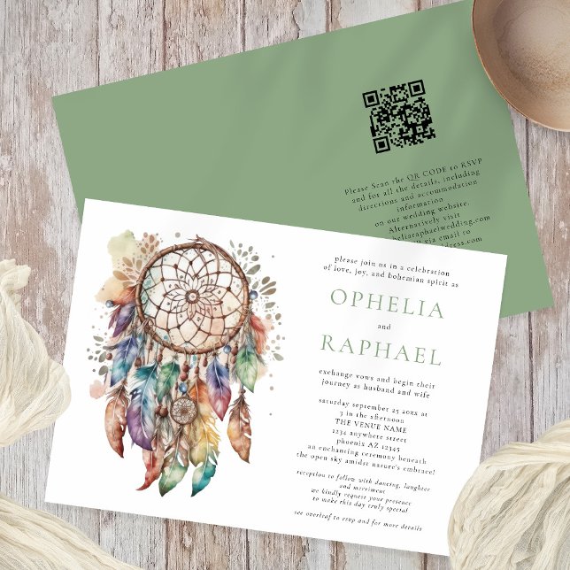 Boho Colorful Dreamcatcher Bohemische Hochzeitssag Einladung (Front and back view)