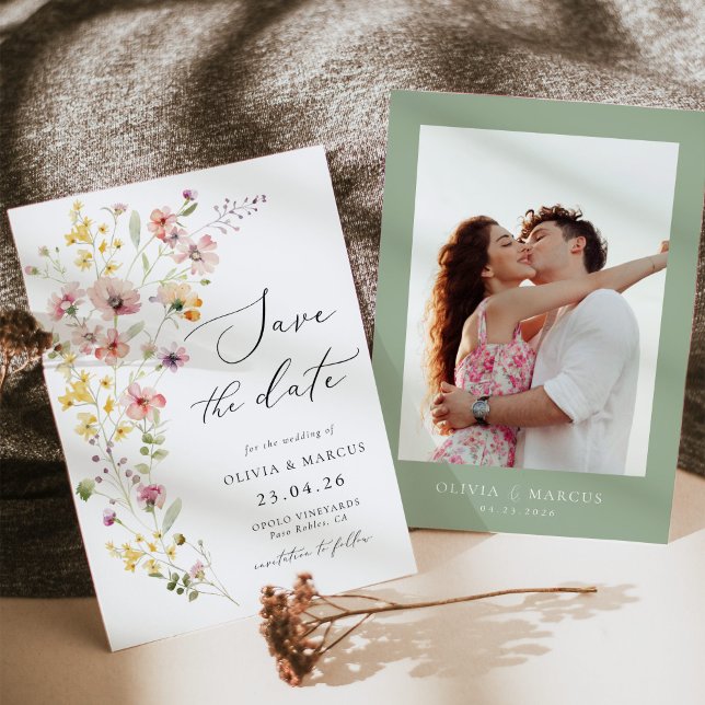 Boho Colorful Spring Whimsical Wildblume Wedding Save The Date (Wildflower meadow wedding save the date card with soft floral illustration and elegant script)
