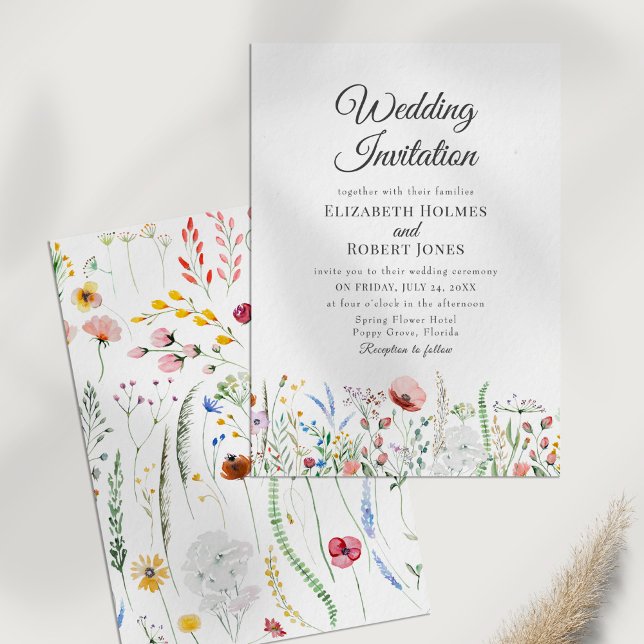Boho Colorful Wildblume Meadow Wedding Einladung (Boho Colorful Wildflower Meadow Wedding Invitation on a white table.)