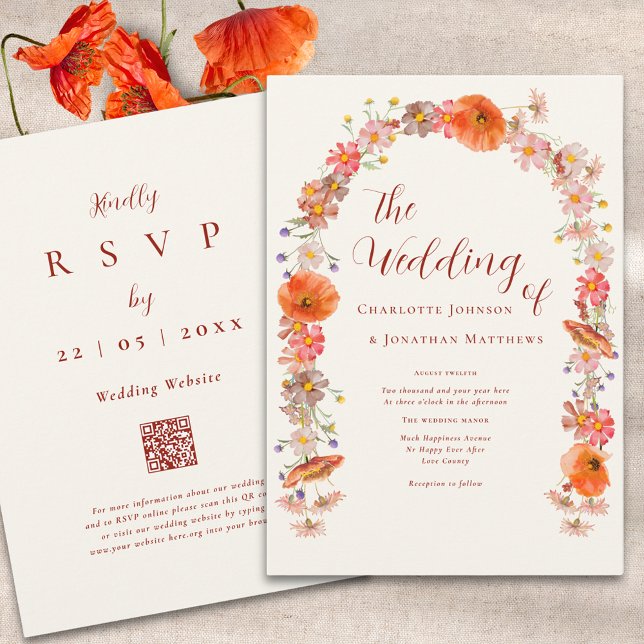 Boho Colorful Wildblume Wedding QR Code Einladung (Boho wildflower fall wedding qr code invitation )