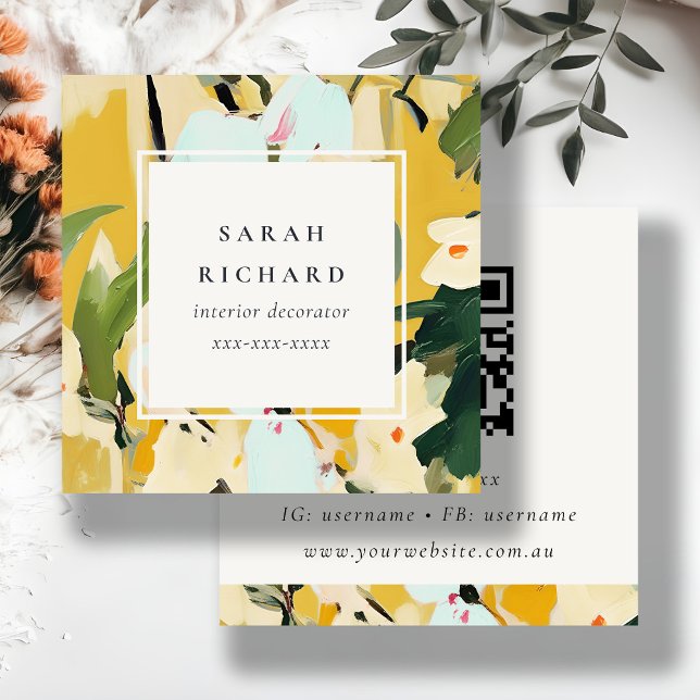 Boho Colorful Yellow Ochre Painted Floral QR Code Quadratische Visitenkarte (Von Creator hochgeladen)