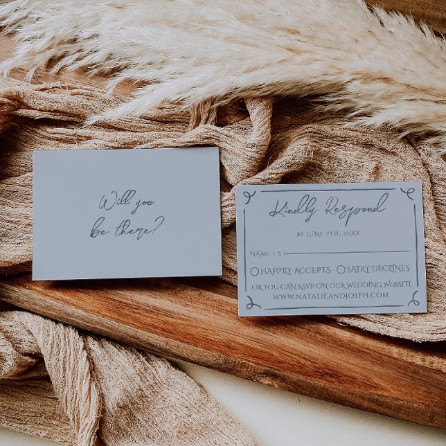 Boho Cool Marina Blue Frame Whimsy Wedding RSVP Karte (Von Creator hochgeladen)