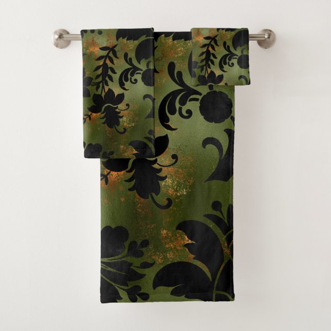 Boho Copper Black Green Floral Badhandtuch Set (Insitu)