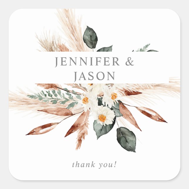 Boho Copper Blätter Pampas & Beige Floral Vielen D Quadratischer Aufkleber (Vorderseite)