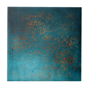 Boho Copper Blue Damask Grunge Fliese