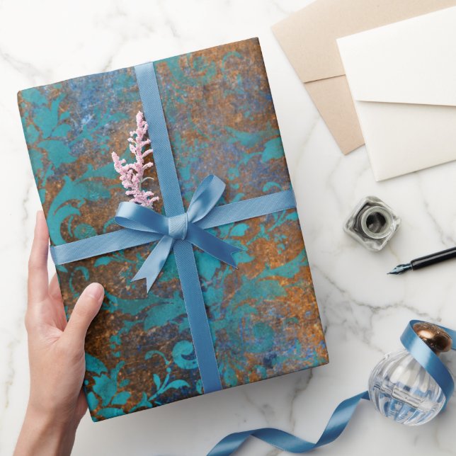 Boho Copper Blue Floral Damask Grunge Geschenkpapier (Schenken)