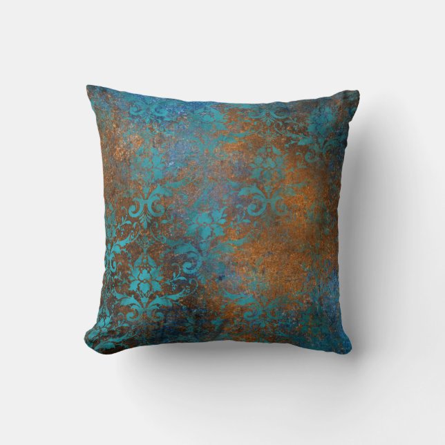 Boho Copper Blue Floral Damask Grunge Kissen (Vorderseite)