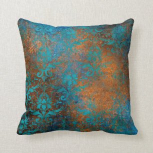 Boho Copper Blue Floral Damask Grunge Kissen