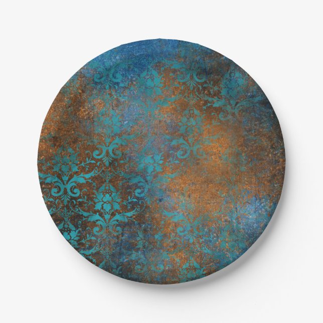Boho Copper Blue Floral Damask Grunge Pappteller (Vorderseite)