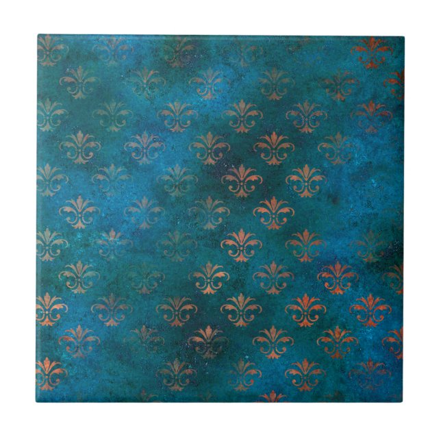 Boho Copper Blue Grunge Heraldic Floral Fliese (Vorderseite)