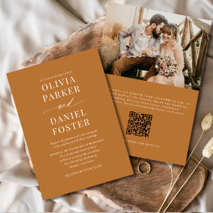 Boho Copper Bronze QR Code Elegantes Foto Hochzeit Einladung