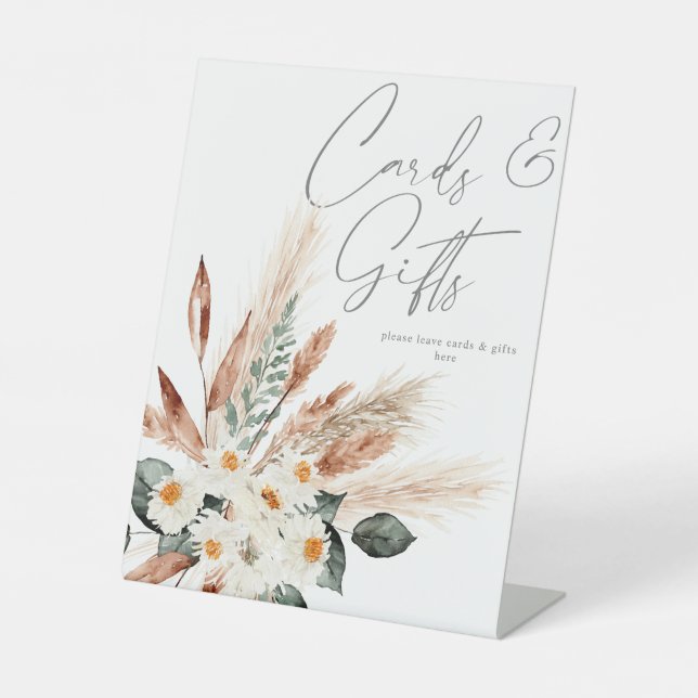 Boho Copper Pampas & Beige Blumenkarten & Geschenk Sockelschild (Vorderseite)