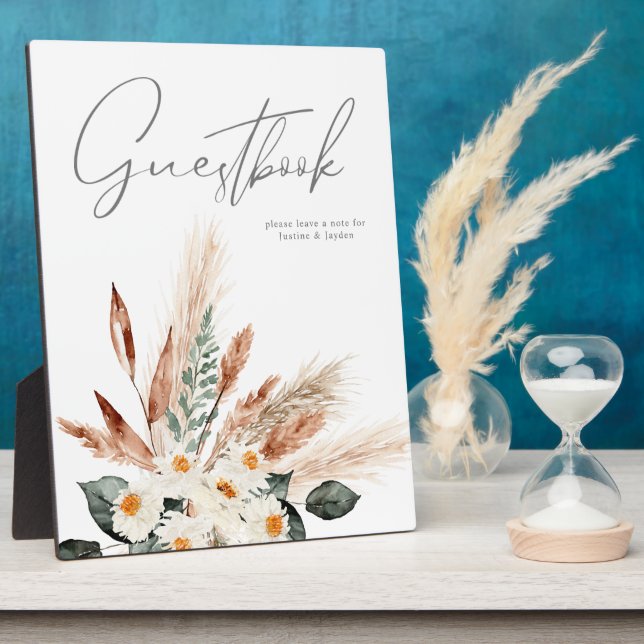 Boho Copper Pampas & Beige Floral Guestbook Plaque Fotoplatte (Seite)