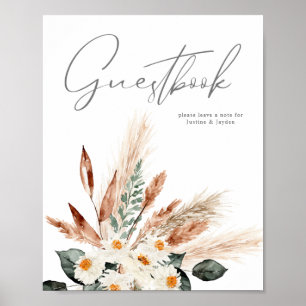 Boho Copper Pampas Beige Floral Guestbook signiere Poster