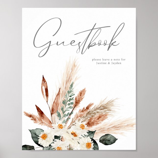 Boho Copper Pampas Beige Floral Guestbook signiere Poster (Vorne)