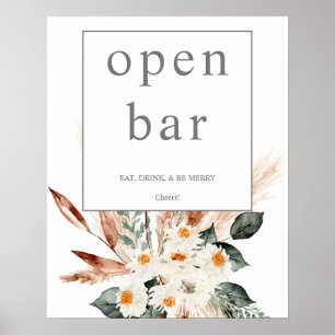 Boho Copper Pampas & Beige Floral Open Bar Sign 1 Poster