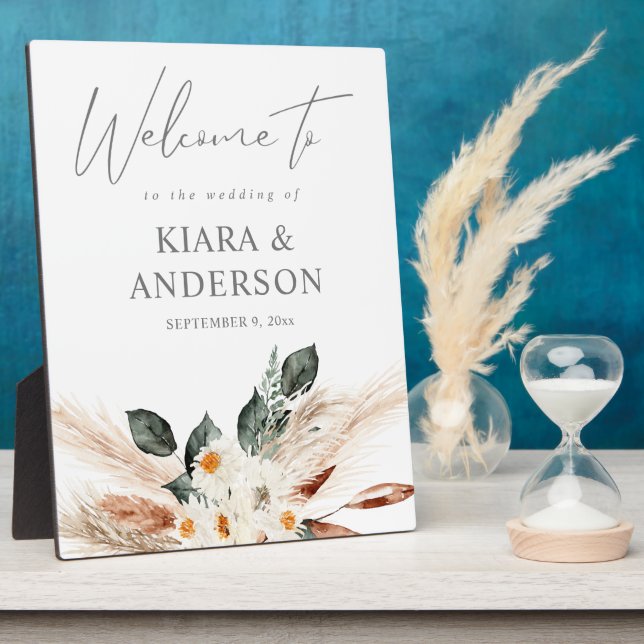 Boho Copper Pampas & Beige Floral Welcome Plaque Fotoplatte (Seite)