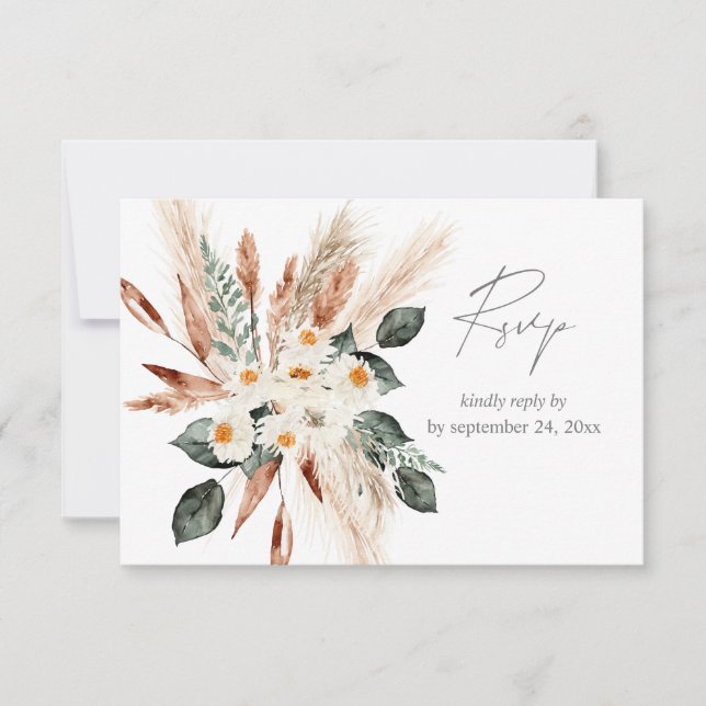 Boho Copper Pampas Grass Beige Floral mit Mahlzeit RSVP Karte (Vorderseite)