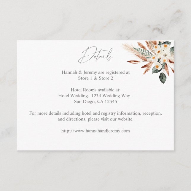 Boho Copper Pampas Grass & Floral Wedding Details Begleitkarte (Vorderseite)