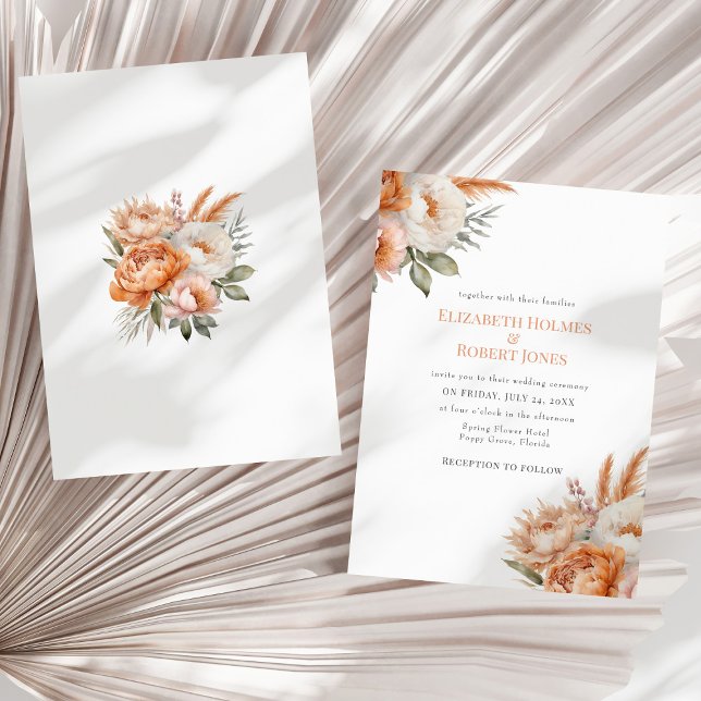 Boho Coral Blume Summer Wedding Einladung (Boho Coral Flowers Summer Wedding Invitation - front and back - on a neutral dry palm leaf.)