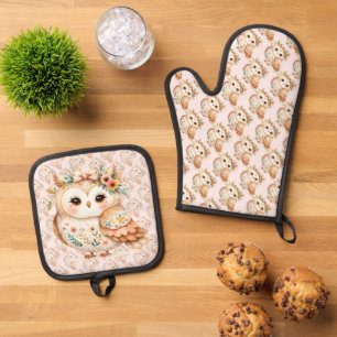 Boho Cottagecore Eule Floral Farmcore Charme Ofenhandschuh & Topflappen-Set