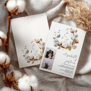 Boho Cotton Wreath Foto Rustic Initials Wedding Einladung