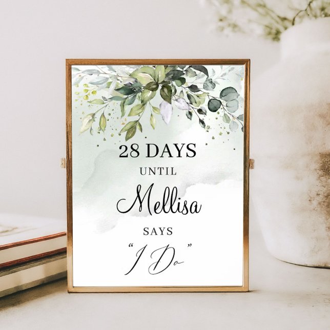 Boho Countdown-Schild: Aquarellgrün Poster (Watercolor greenery foliage boho countdown sign)