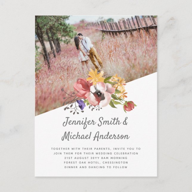 BOHO Country Pink Coral Floral Moderne Hochzeit Postkarte (Vorderseite)