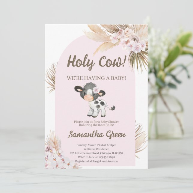 Boho Cow Baby Shower Einladung (Stehend Vorderseite)