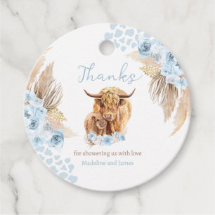 Boho Cow Blue Pampas Grass Boy Baby Duschfavoriten Geschenkanhänger