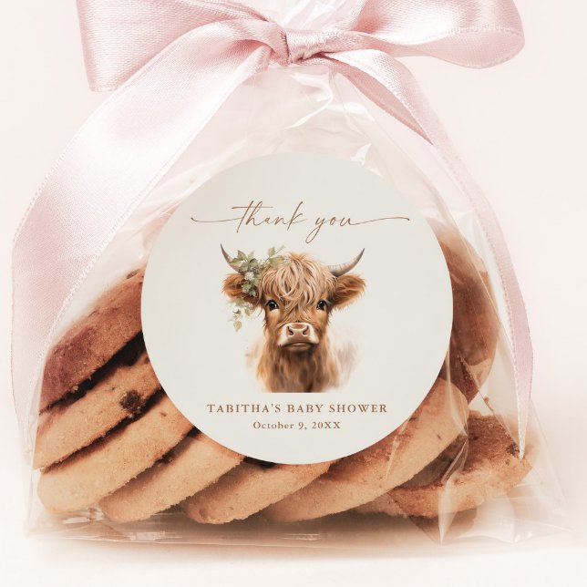 Boho Cow Couples Kinderdusche Danke Runder Aufkleber (Highland Cow Script Baby Shower Thank You Favor or Envelope Sticker Tag.)