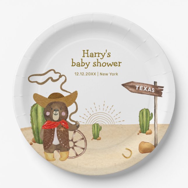 Boho Cowboy Bear Western Rodeo Cactus Baby Shower Pappteller (Vorderseite)