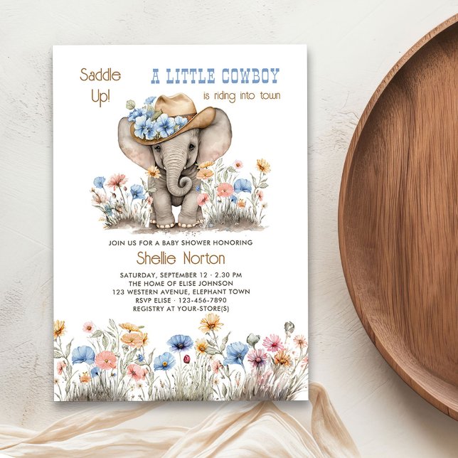 Boho Cowboy Elephant mit Wildblumen Babydusche Einladung (Little Cowboy invitation from the Boho Elephant Baby Shower Collection by Darling & May)