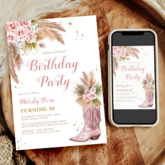 Boho Cowgirl Boot Pampas Grass Rose 50. Geburtstag Einladung