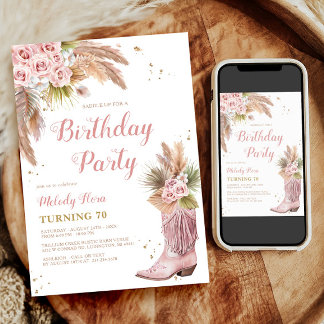 Boho Cowgirl Boot Pampas Grass Rose 70. Geburtstag Einladung