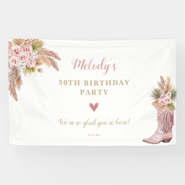 Boho Cowgirl Boot Pampas Grass Rose Banner (Horizontal)