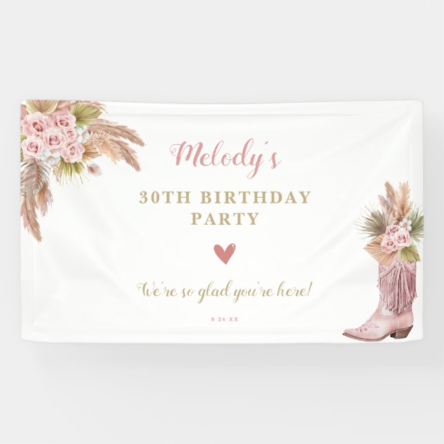 Boho Cowgirl Boot Pampas Grass Rose Banner (Horizontal)