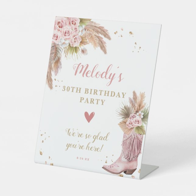 Boho Cowgirl Boot Pampas Grass Rose Willkommen Sockelschild (Vorderseite)