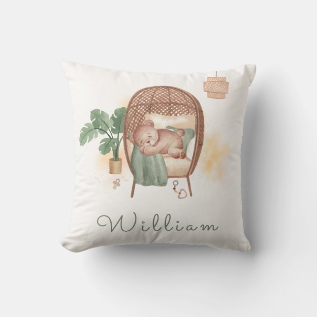 Boho Cozy Teddy Bear Sleep Monogram Kinderzimmer Kissen (Vorderseite)