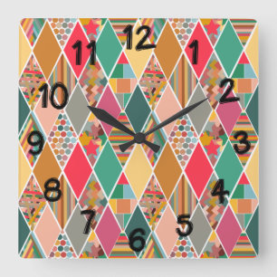 Boho Crazy Quilt Quadratische Wanduhr