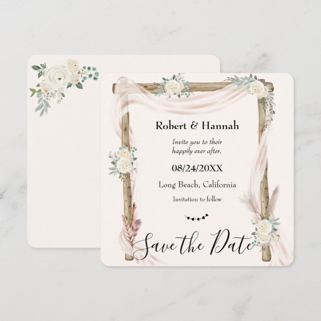 Boho Cream Blumen Hochzeitsbogen Save the Date (Vorne/Hinten)