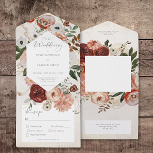 Boho Cream Burgundy Fall Floral Dinner All In One Einladung