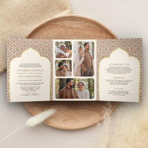 Boho Cream Geometrisches All-in-One Indisches Hoch Dreifach Gefaltete Einladung
