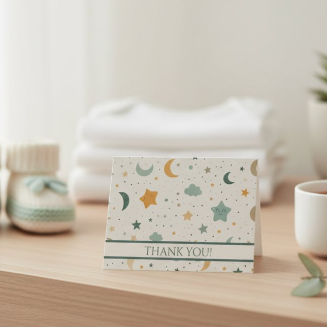 Boho Cream Moons and Stars Adoption Babydusche Dankeskarte (Boho cream baby thank you card featuring stars and moons)